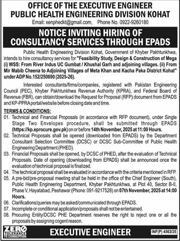 Public Health Engineering Division Kohat Tender Notice